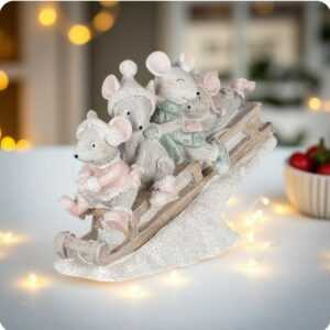 Clayre & Eef Deko Mäuse Schlitten Rosa Weiß Weihnachten Wintermäuse 15x5x11cm