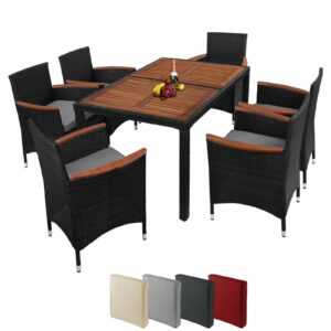 Poly Rattan Sitzgruppe 6 Personen Sitzgarnitur Akazienholz Essgruppe Terrasse