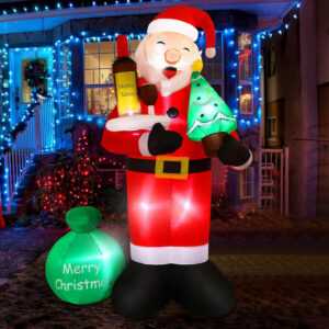 Weihnachtsmann Hält Rotwein Aufblasbare Dekoration mit LED Weihnachtsdeko Außen