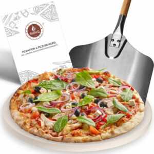 BABEQ Pizzastein rund 38cm mit Pizzaschieber für Gas-, Holz-Kohlegrill, Backofen