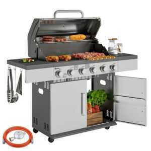 Gasgrill 8500BTU Grillwagen inkl 6 Edelstahl-Brenner Rolle Thermometer Silber