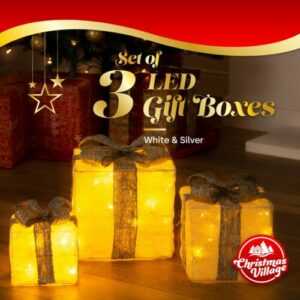 WEIHNACHTSDORF 3ER SET LED BELEUCHTUNG GESCHENKBOXEN WEISS/SILBER WEIHNACHTSDEKORATION