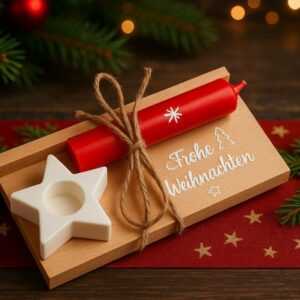 Handgefertigte Weihnachtsdeko aus Holz mit roter Stabkerze und Kerzenhalter
