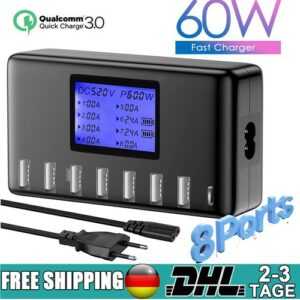 8 Fach Ports USB Schnellladegerät Mehrfach Ladestation Hub LCD Ladegerät Adapter